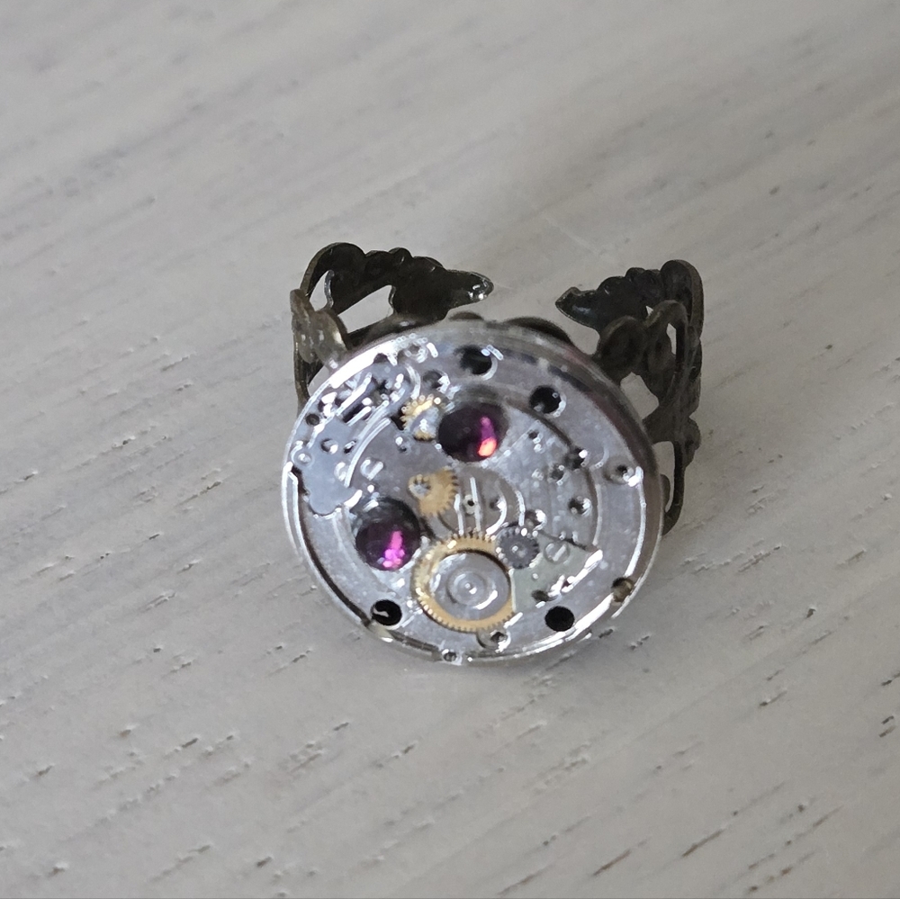 Steampunk Mechanical Watch Movement Ring with Pink Jewels - Picture 2 of 3